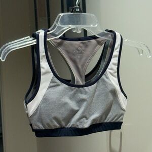 Athleta Gray, White, and Blue Sports Bra